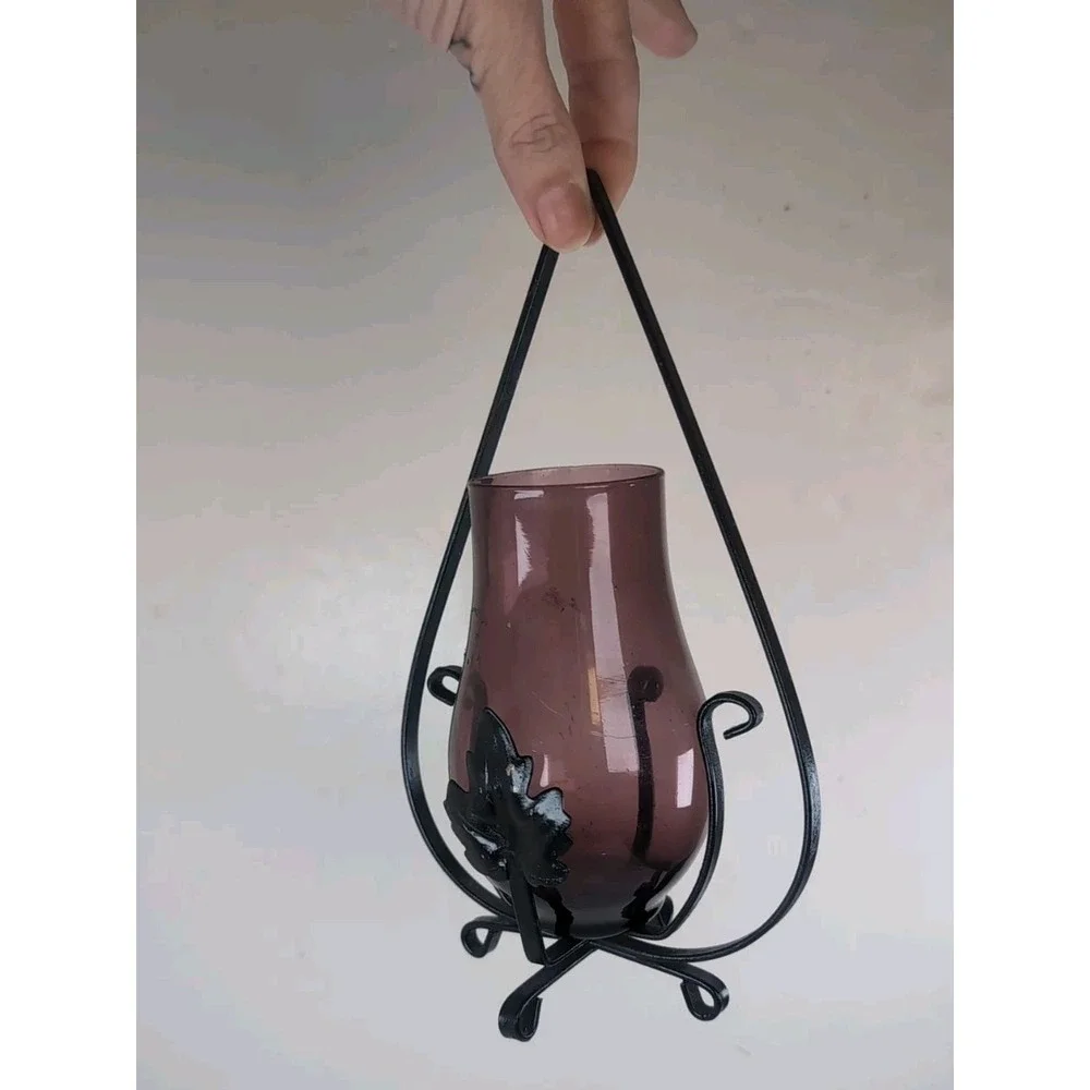 Black Metal Hanging Candle Holder W/Purple Glass Hurricane Footed Vintage Boho